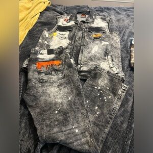 Born Fly Black wash denim Vest (3XL) and matching Jeans (38)